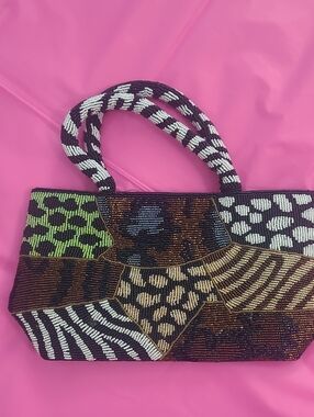 Beaded Animal Print Mini Purse in Multicolor With Beaded Handle